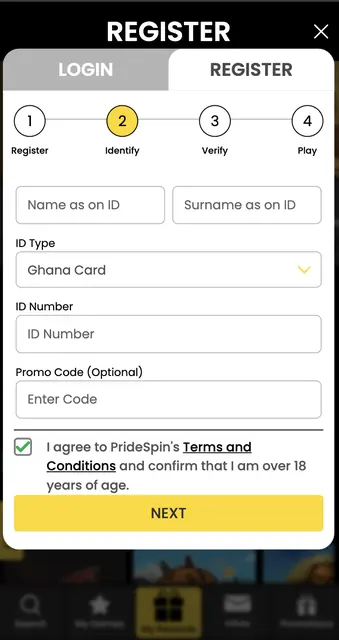 PrideSpins register step 2 of 4: name, ID type, ID number and terms