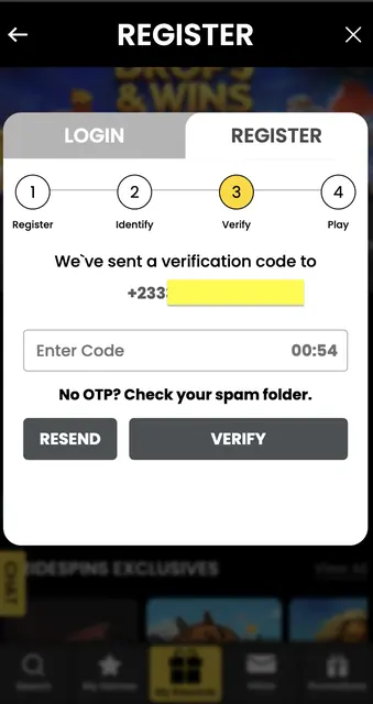 PrideSpins register step 3 of 4: enter the verification code